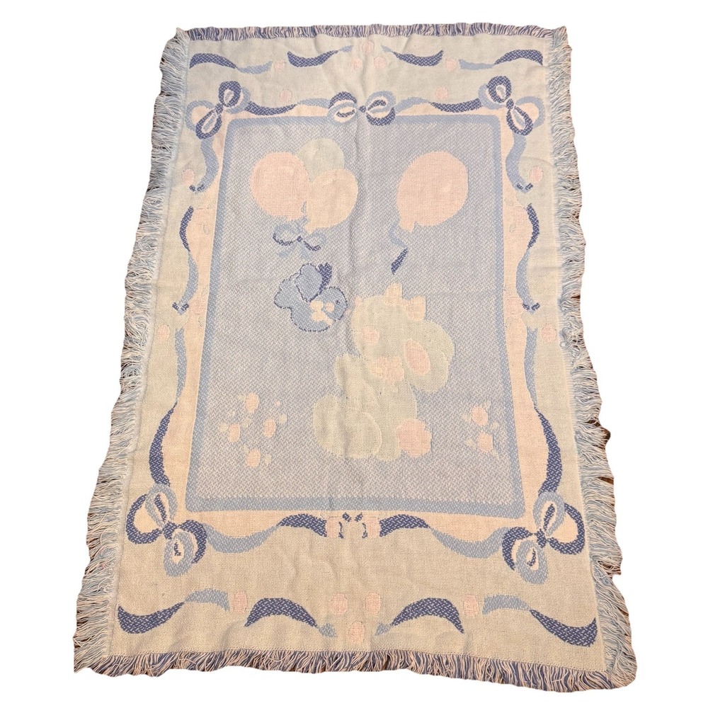 Vtg Baby Blanket Woven Tapestry Bunny Balloons Bird Cotton Fringe Throw